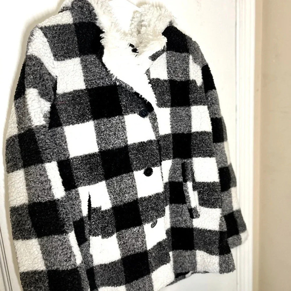 Steve Madden Black and White Plaid Sherpa Hooded Jacket US Large, worn once - Picture 15 of 15